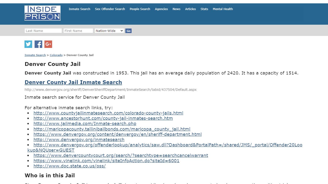 Denver County Jail - Colorado - Inmate Search